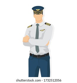 Airplane pilot in modern style vector illustration, man simple flat shadow isolated on white background, captain.