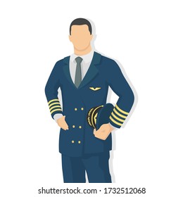 Airplane pilot in modern style vector illustration, man simple flat shadow isolated on white background, captain.