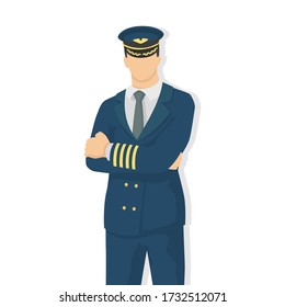 Airplane pilot in modern style vector illustration, man simple flat shadow isolated on white background, captain.