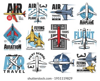 Airplane pilot school, avaiation vector icons set. Air transportation service, flight travel tours emblem or badge. Civil and military airplanes, army jet fighter and passenger airliner