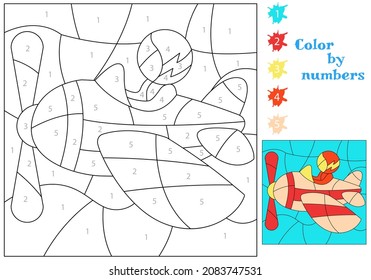 Airplane with a pilot in the sky. We paint by numbers. Coloring book. An educational puzzle game for children.