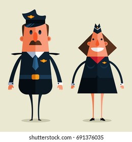 Airplane pilot and stewardess character isolated on background. Vector cartoon flat illustration with airport staff.