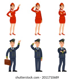 Airplane pilot and stewardess in different poses. Male and female characters in cartoon style.