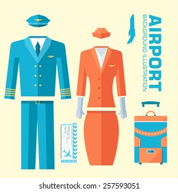 airplane pilot and stewardess uniform on flat style background concept. Vector illustration for colorful template for you design, web and mobile applications