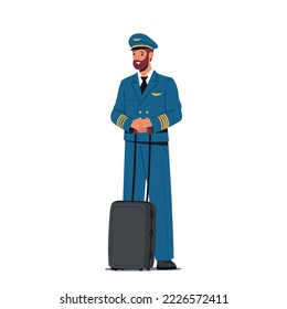 Airplane Pilot with Suitcase Isolated on White Background. Aviation Aircrew Male Character Wearing Uniform, Jet Plane Captain, Air Service Staff Full Height. Cartoon People Vector Illustration