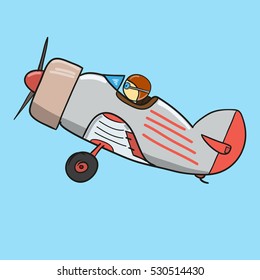 Airplane with pilot. Vintage Cartoon plane. Vector illustration.
