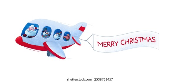 airplane piloted by santa claus with penguin elf snowman and christmas greetings sign