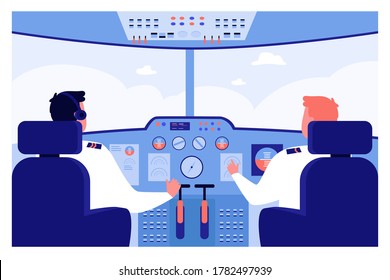Airplane pilots at control panel navigating plane in cockpit. Vector illustration for travel, flight, job, crew concepts