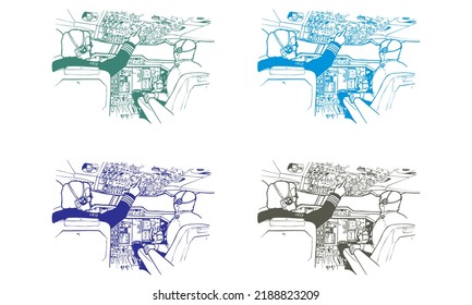 Airplane Pilots At Control Panel Navigating Plane In Cockpit Vector illustration
