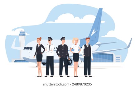 Airplane pilots with flight attendants. Airline staff and transport. Air transportation, airline facilities. Vector illustration