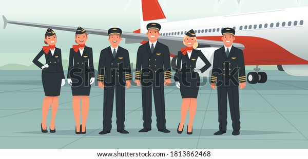 Airplane pilots, flight attendants, airline\
employees. The crew on the background of a passenger plane.\
Stewardesses and flight engineer, ship captain and co-pilot. Vector\
illustration in flat\
style