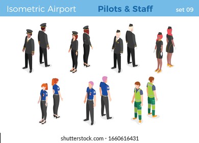 Airplane pilots stewardess air hostess Airport Staff Security isometric people vector illustration set