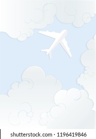 Airplane in pink clouds. Flight of the plane in the night sky. Bottom view of the plane in the clouds. Plane travel