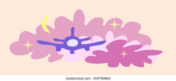 Airplane in the pink clouds and yellow stars and moon. Hand drawn icon and symbol for print, poster, sticker, card design. Doodle design elements. Vector illustration.