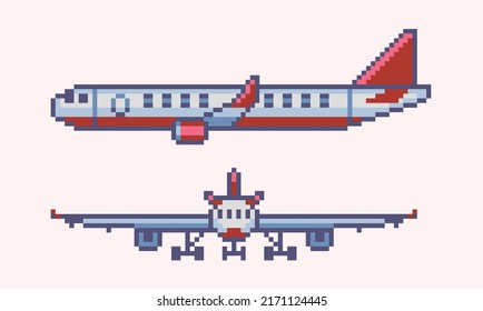 Airplane pixel art set. Jet plane front and side view. 8 bit sprite. Game development, mobile app.  Isolated vector illustration.