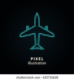 Airplane - pixel icon. Vector Illustration. Design logo element. Isolated on black background. It is easy to change to any color.