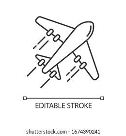 Icono lineal perfecto del píxel del avión. Vuelo con aerolíneas. Coger el avión hasta el destino. Ilustración personalizable en línea delgada. Símbolo de contorno. Dibujo de contorno aislado del vector. Trazo editable