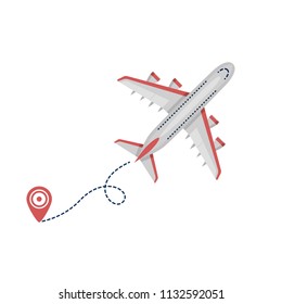 Airplane plane airliner icon with start point and dash line isolated on white background. Flat style. Art vector illustration.