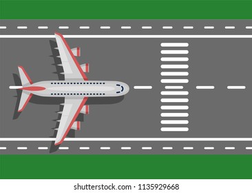 Airplane plane airliner on runway. Top view. Flat style. Art vector illustration.