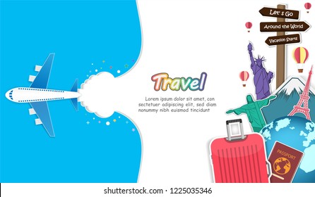 Airplane, plane check in Invitation on blue Background. luggage and passport travel around the world concept summer banner. Top world famous landmark. content paper art, vector, Card, Poster,