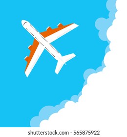 Airplane, the plane in the clouds, aircraft, vehicle, flight, sky, clouds. Flat design, vector illustration, vector.