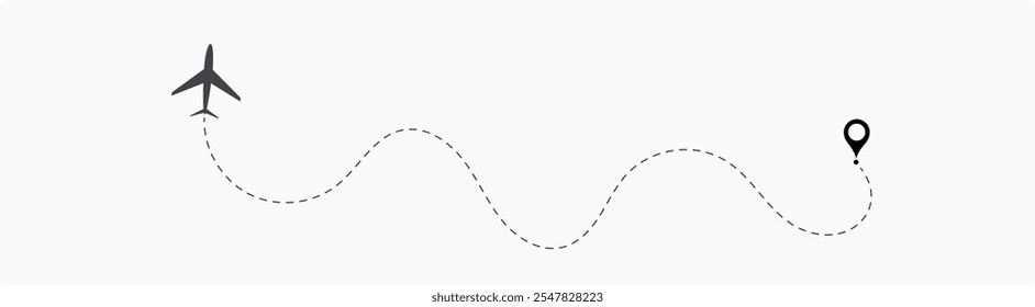 Avião Plano Linha Pontilhada. Linha de rota pontilhada do avião. Forma da linha de viagem do caminho. Rota de voo com ponto inicial e traço de linha traço para plano Vetor ilustração eps10