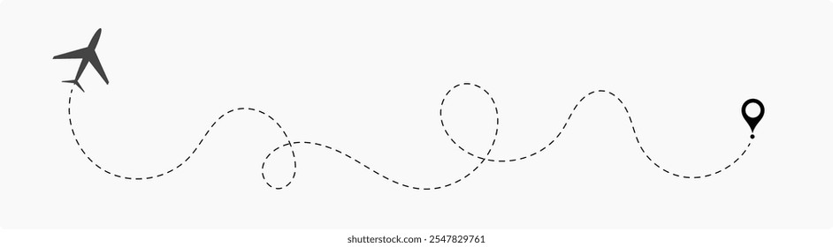 Avião Plano Linha Pontilhada. Linha de rota pontilhada do avião. Forma da linha de viagem do caminho. Rota de voo com ponto inicial e traço de linha traço para plano Vetor ilustração eps10