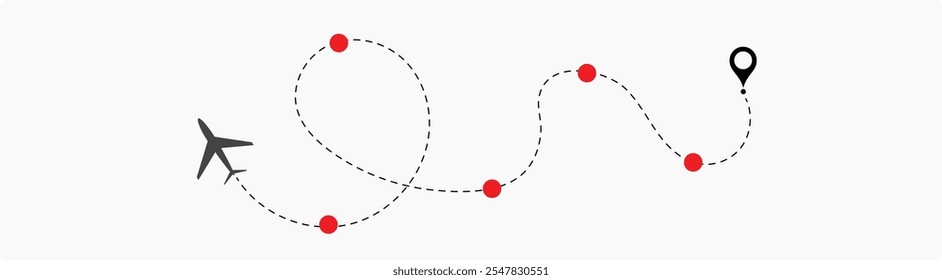 Avião Plano Linha Pontilhada. Linha de rota pontilhada do avião. Forma da linha de viagem do caminho. Rota de voo com ponto inicial e traço de linha traço para plano Vetor ilustração eps10
