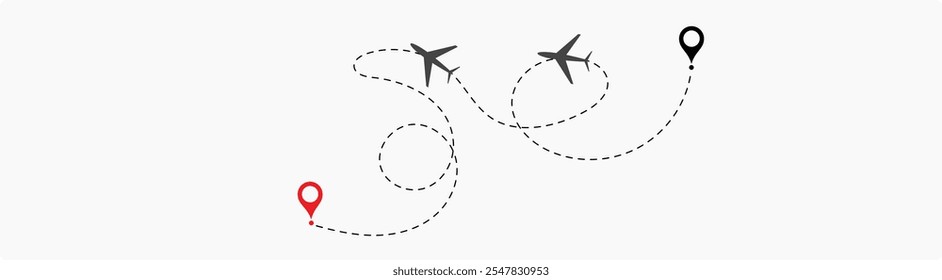 Avião Plano Linha Pontilhada. Linha de rota pontilhada do avião. Forma da linha de viagem do caminho. Rota de voo com ponto inicial e traço de linha traço para plano Vetor ilustração eps10