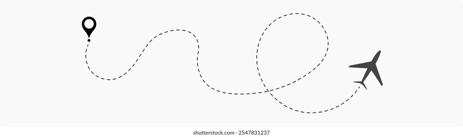 Avião Plano Linha Pontilhada. Linha de rota pontilhada do avião. Forma da linha de viagem do caminho. Rota de voo com ponto inicial e traço de linha traço para plano Vetor ilustração eps10