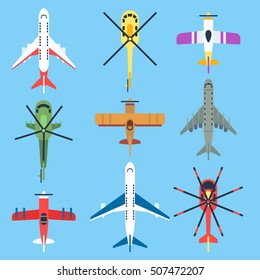 Airplane, plane, helicopter, jet top view flat vector icons