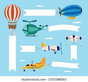 Airplane and plane, a helicopter and a quadcopter, airship and balloon fly with empty banner. Flying vehicles show a blank advertising banner. Flat cartoon vector illustration.