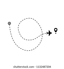 Airplane plane icon with the dotted line route. Vector illustration.