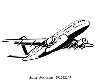 Airplane, plane on takeoff, passenger plane. Airlines. Airport and travel transport. Business and economy class. Symbol and icon vector design, monochrome style, hand drawing.