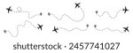 Airplane Plane routes line set. Planes dotted flight pathway. Plane paths. Aircraft tracking, planes, travel, map pins, location pins .start point line trace and plane routes.