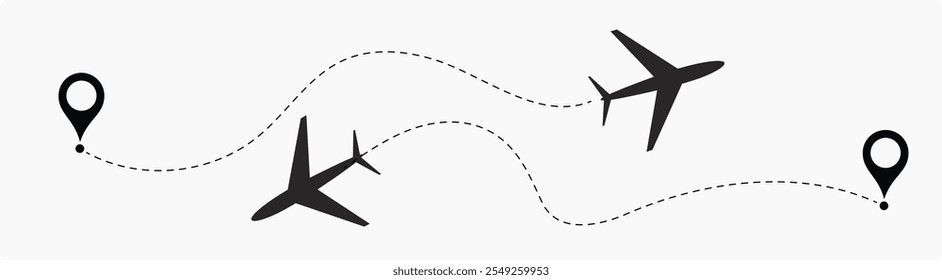 Avião Avião Avião Rotas Linha Set. Aviões pontilhados trajetória de voo. Caminhos planos. Rastreamento de aeronaves, aviões, viagens, rota de voo com ponto inicial e traço de linha traço para ilustração de vetor isolado plano