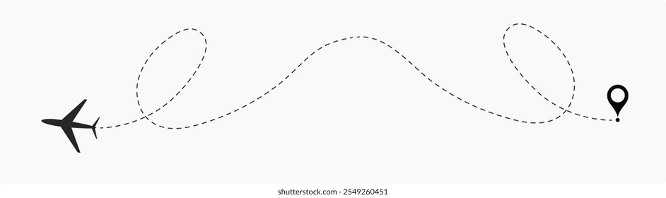 Avião Avião Avião Rotas Linha Set. Aviões pontilhados trajetória de voo. Caminhos planos. Rastreamento de aeronaves, aviões, viagens, rota de voo com ponto inicial e traço de linha traço para ilustração de vetor isolado plano