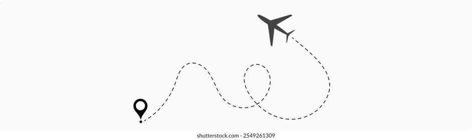 Avião Avião Avião Rotas Linha Set. Aviões pontilhados trajetória de voo. Caminhos planos. Rastreamento de aeronaves, aviões, viagens, rota de voo com ponto inicial e traço de linha traço para ilustração de vetor isolado plano