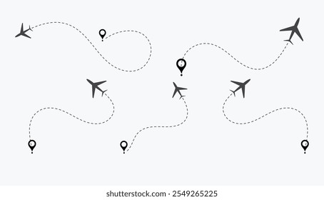 Avião Avião Avião Rotas Linha Set. Aviões pontilhados trajetória de voo. Caminhos planos. Rastreamento de aeronaves, aviões, viagens, rota de voo com ponto inicial e traço de linha traço para ilustração de vetor isolado plano