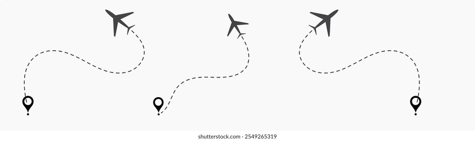 Avião Avião Avião Rotas Linha Set. Aviões pontilhados trajetória de voo. Caminhos planos. Rastreamento de aeronaves, aviões, viagens, rota de voo com ponto inicial e traço de linha traço para ilustração de vetor isolado plano