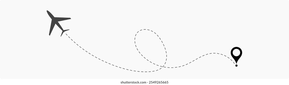 Airplane Plane routes line set. Planes dotted flight pathway. Plane paths. Aircraft tracking, planes, travel, Flight route with start point and dash line trace for plane isolated vector illustration