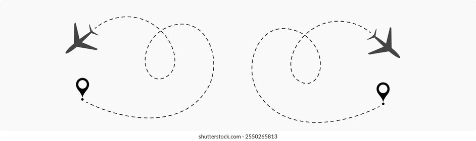 Avião Avião Avião Rotas Linha Set. Aviões pontilhados trajetória de voo. Caminhos planos. Rastreamento de aeronaves, aviões, viagens, rota de voo com ponto inicial e traço de linha traço para ilustração de vetor isolado plano