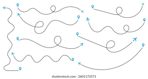 Airplane Plane routes line set. Planes dotted flight pathway. Plane paths. Aircraft tracking, planes, travel, map pins, location pins .start point line trace and plane routes.