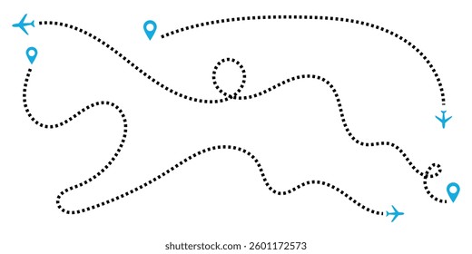 Airplane Plane routes line set. Planes dotted flight pathway. Plane paths. Aircraft tracking, planes, travel, map pins, location pins .start point line trace and plane routes.