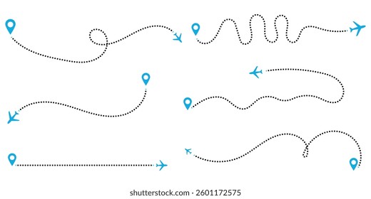 Airplane Plane routes line set. Planes dotted flight pathway. Plane paths. Aircraft tracking, planes, travel, map pins, location pins .start point line trace and plane routes.