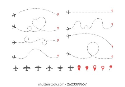 Airplane Plane routes line set. Planes dotted flight pathway. Plane paths. Aircraft tracking, planes, travel, map pins, location pins. Start point line trace and plane routes.
