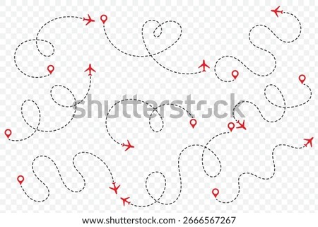 Airplane Plane routes line set. Planes dotted flight pathway. Plane paths. Aircraft tracking, planes, travel, map pins, location pins .start point line trace and plane routes.