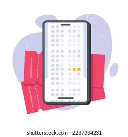 Mapa de asientos de avión elegir en línea a través de la aplicación de teléfono móvil o pedir reserva de entradas de vuelo, plan a través del teléfono celular, smartphone ilustración de caricatura plana, revisión de aerolíneas imagen de reserva
