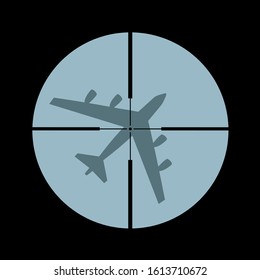 Airplane and plane is shot down by weapon - air defense against flying aeroplane, jet, airliner, bomber and aircraft.  Vector illustration.