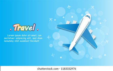 airplane, plane travel around the world concept summer banner on blue bokeh Background blank space for text and content Design, Card for greeting Poster, vector.